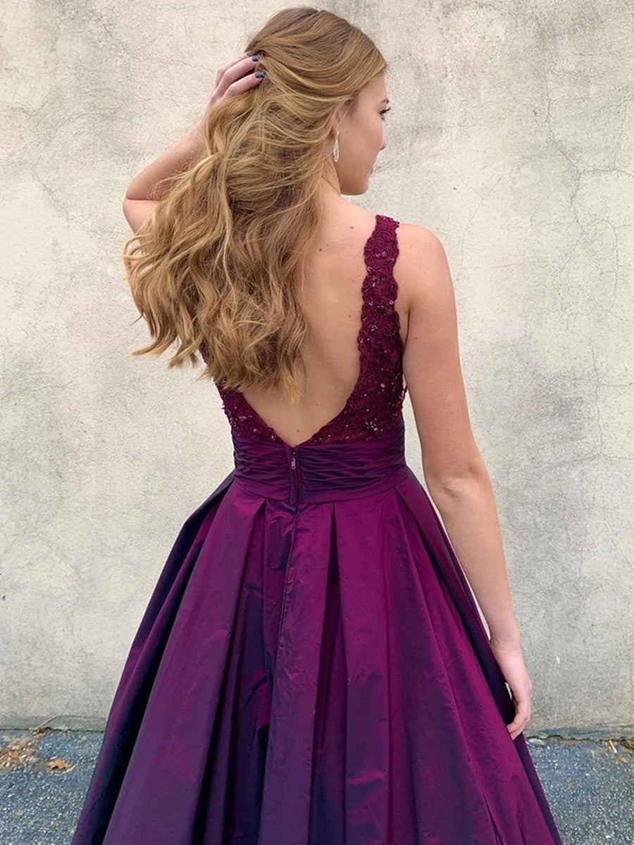 Open Back V Neck Lace Long Prom with Pockets, Formal, Evening Dresses