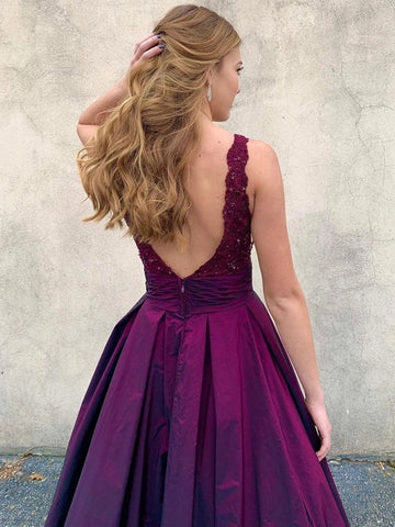 Open Back V Neck Lace Long Prom with Pockets, Formal, Evening Dresses