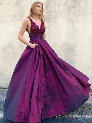Open Back V Neck Lace Long Prom with Pockets, Formal, Evening Dresses