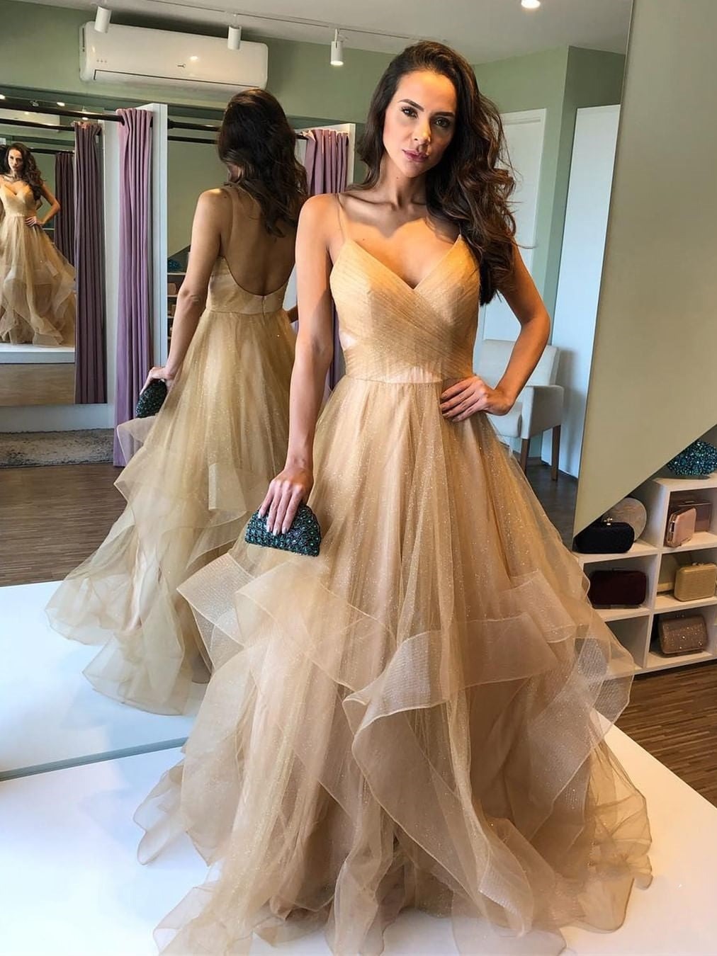 Backless V Neck Puffy Long Prom Dresses,Formal Dresses,Evening Dresses, Ball