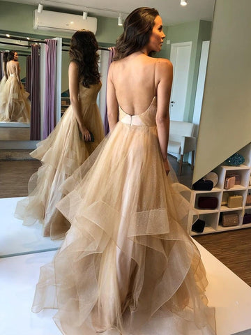 Backless V Neck Puffy Long Prom Dresses,Formal Dresses,Evening Dresses, Ball