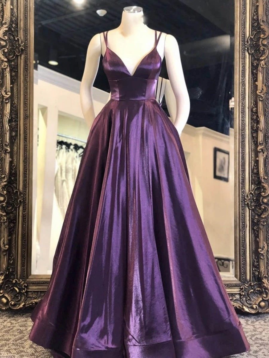 V Neck Satin Long Prom, Formal Graduation Evening Dresses