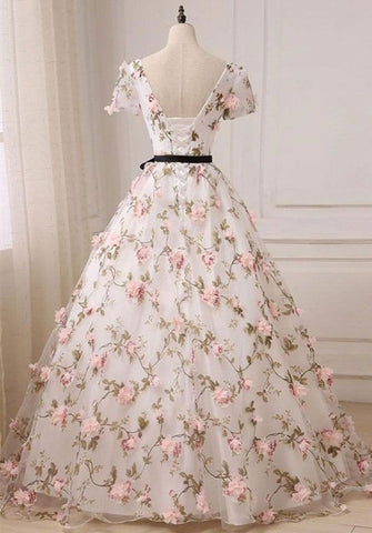 V Neck Short Sleeves 3D Flowers Backless Long Prom Dress