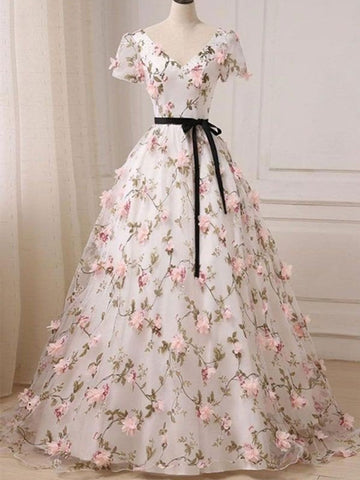 V Neck Short Sleeves 3D Flowers Backless Long Prom Dress