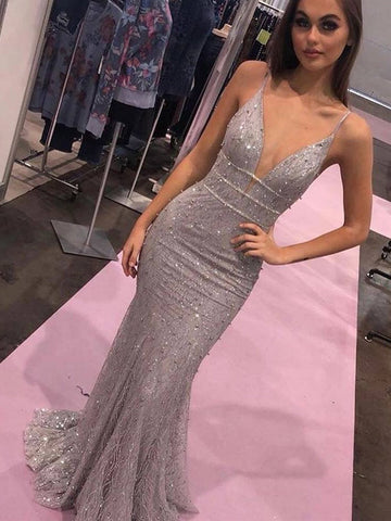 Mermaid V Neck Spaghetti Straps Long Lace Silver Grey Prom with Beading, Formal Dresses