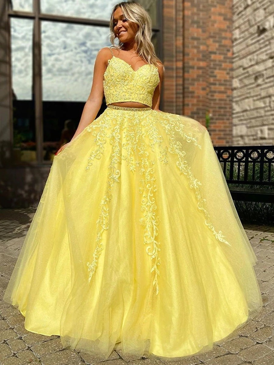 V Neck Two Pieces Backless Beaded  Lace Long Prom,  Formal, Evening Dress