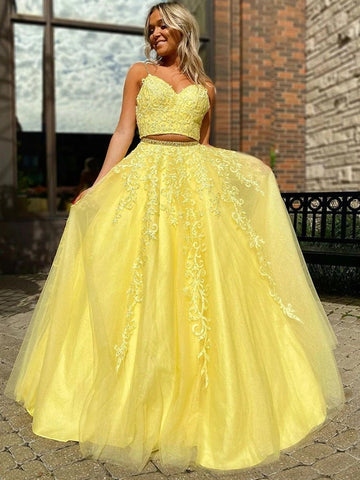 V Neck Two Pieces Backless Beaded  Lace Long Prom,  Formal, Evening Dress