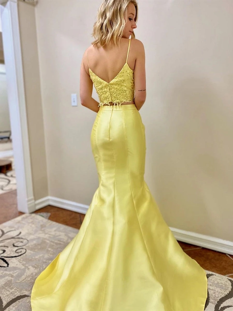 Two Pieces V Neck Beaded Mermaid Lace Long  Prom,  Formal,  Evening Dress