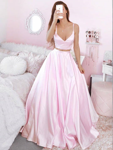 Two Pieces V Neck  Satin Long Prom Dresses, Formal Dresses, Evening Dresses, Ball