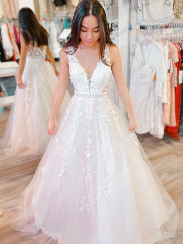 V Neck Lace Long Prom with Belt, Formal, Evening, Wedding Dresses
