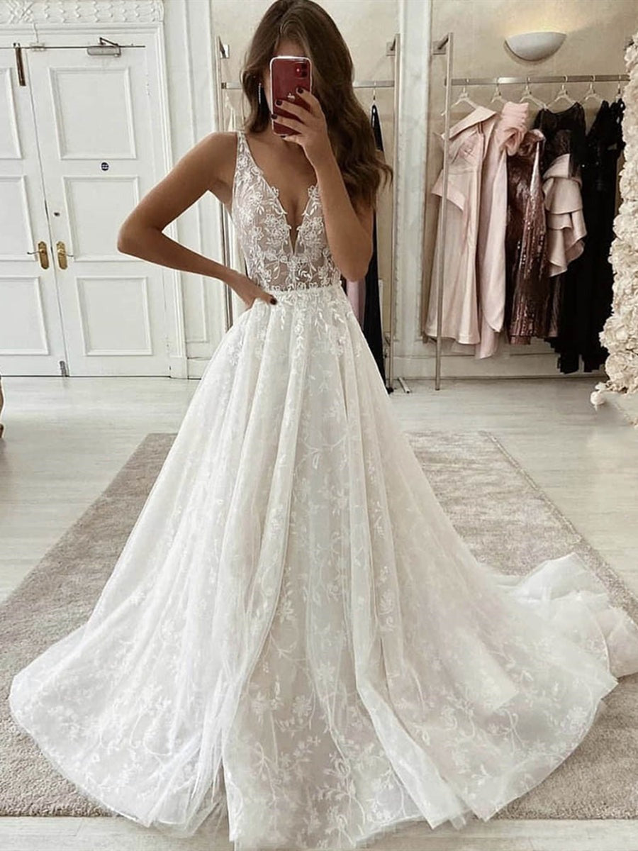 V Neck Lace Long Wedding, Prom, Formal Evening Dresses