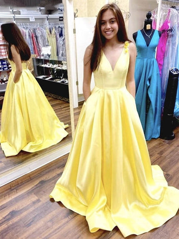 V Neck Satin Long Prom with Flower Straps, Formal Graduation Evening Dresses