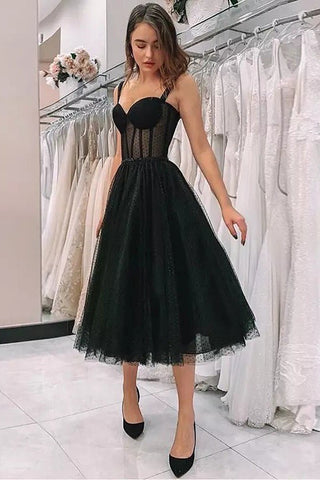 Sweetheart Straps Tea Length Black Prom Dress
