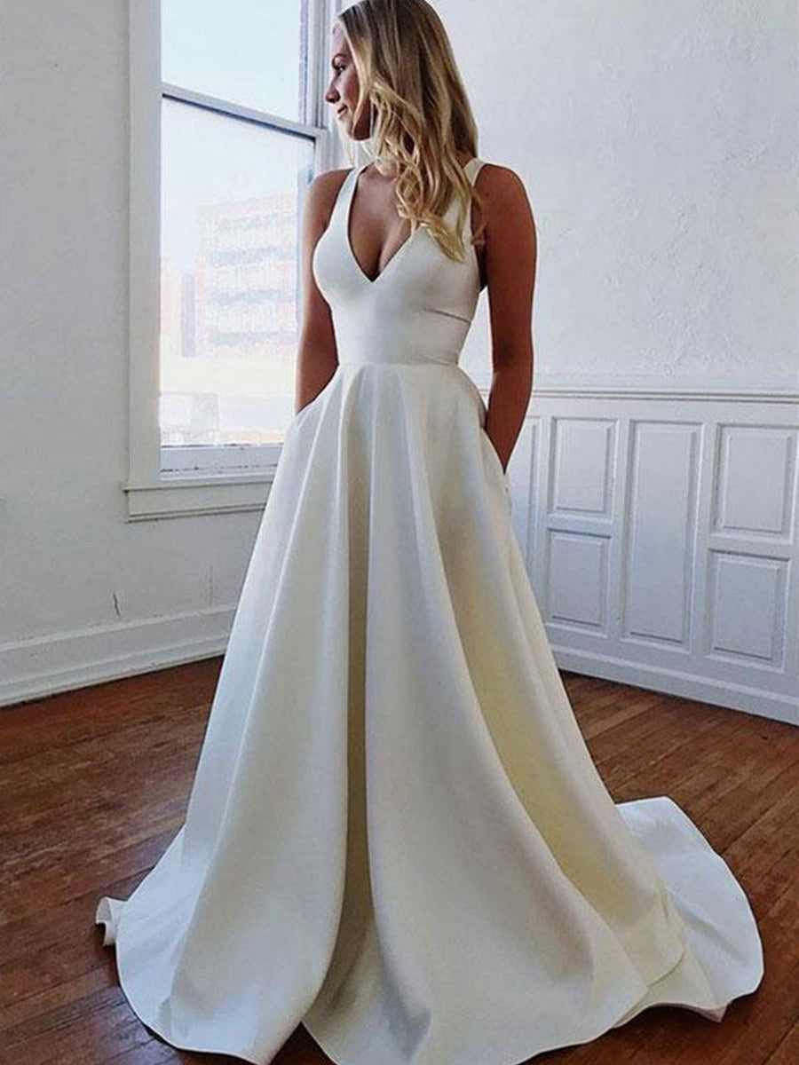 V Neck A Line Satin Long Prom with Bowknot Back