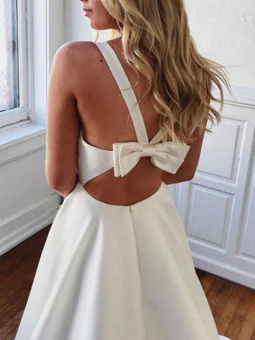 V Neck A Line Satin Long Prom with Bowknot Back