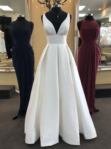 A Line V Neck Satin Long White Prom, Evening, Formal Dresses