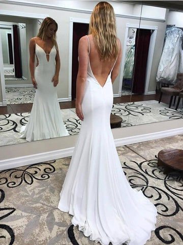 Deep V Neck Mermaid Backless Long Prom Dress with Sweep Train