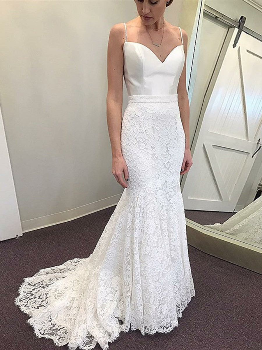 Mermaid Spaghetti Straps Sweep Train Lace Beach Wedding Dress