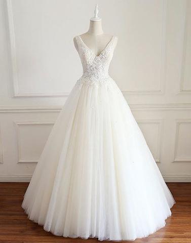 Elegant Deep V - Neck Embellished A - Line Tulle Wedding Dress