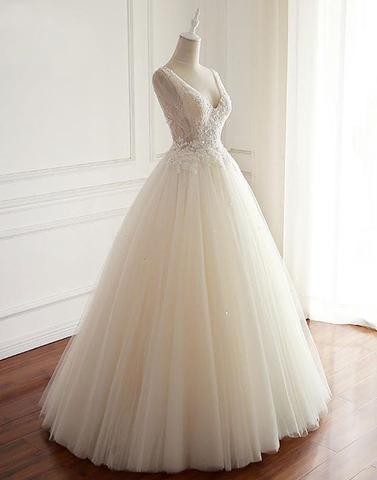 Elegant Deep V - Neck Embellished A - Line Tulle Wedding Dress