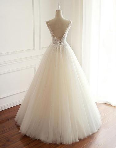 Elegant Deep V - Neck Embellished A - Line Tulle Wedding Dress