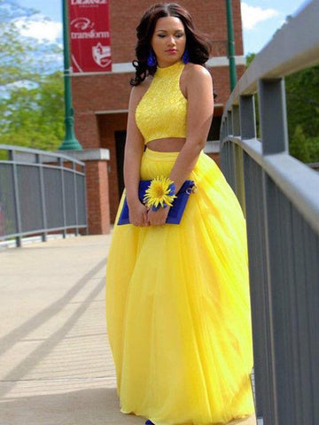 A Line High Neck Two Pieces Beading Tulle Long Prom Dress
