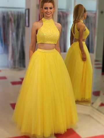 A Line High Neck Two Pieces Beading Tulle Long Prom Dress