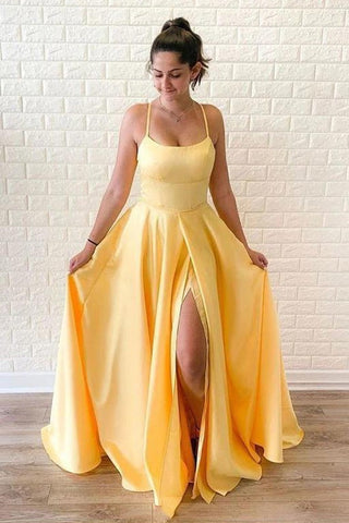 A-line  Satin Spaghetti Straps Prom Dress With Slit