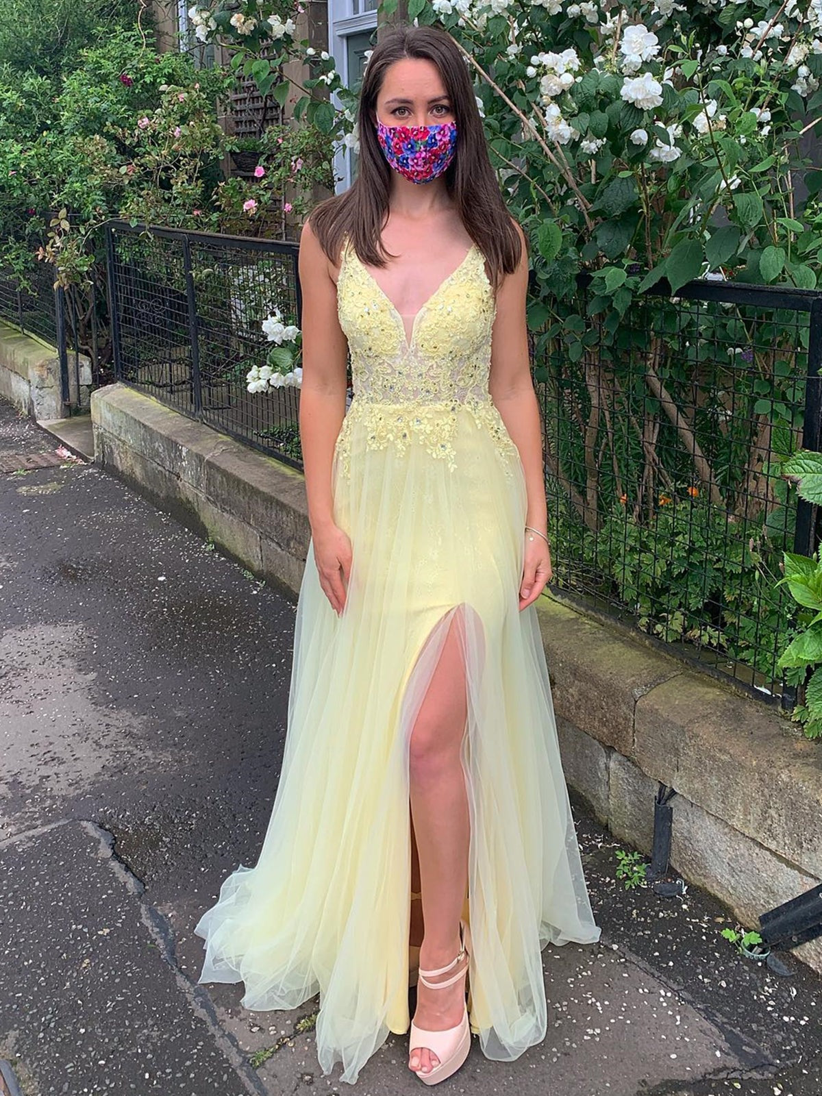 A Line V Neck Backless Lace Prom with Slit, Formal, Evening Dresses