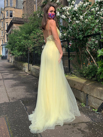 A Line V Neck Backless Lace Prom with Slit, Formal, Evening Dresses