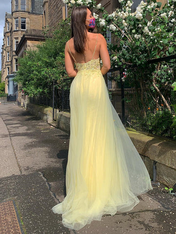A Line V Neck Backless Lace Prom with Slit, Formal, Evening Dresses