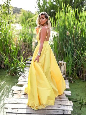 A Line V Neck Backless Satin Long Prom Dress