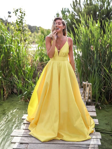 A Line V Neck Backless Satin Long Prom Dress