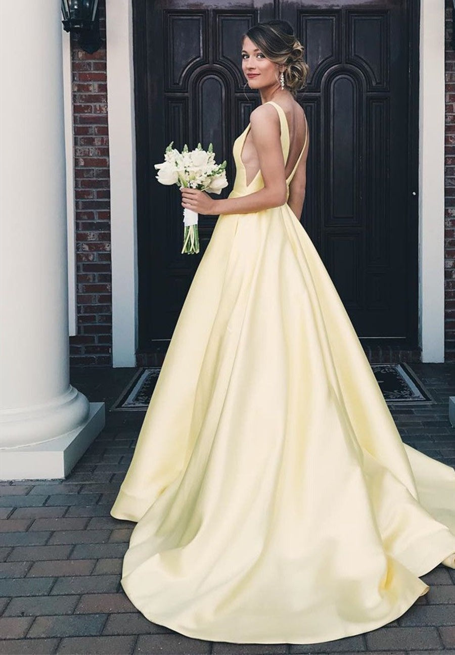 A Line V Neck Satin Long Prom Dress