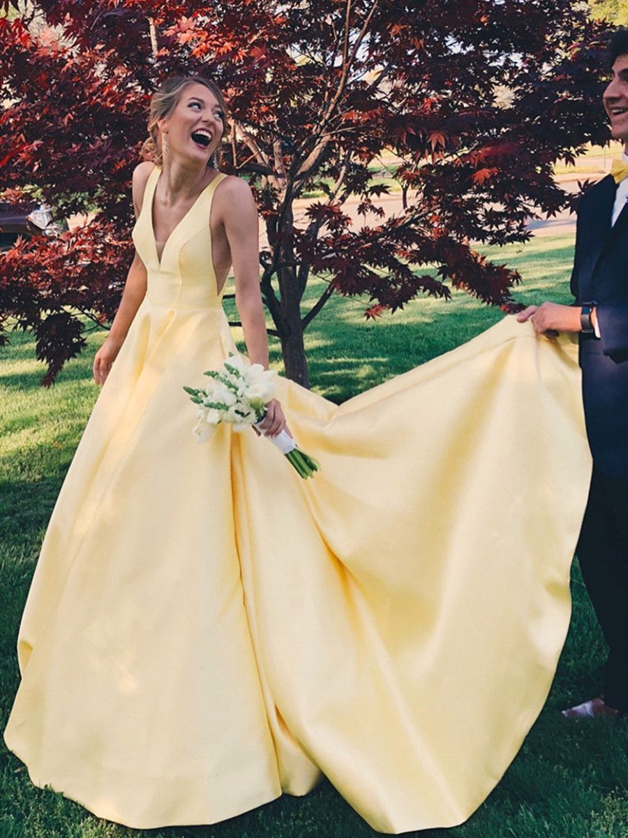 A Line V Neck Satin Long Prom Dress