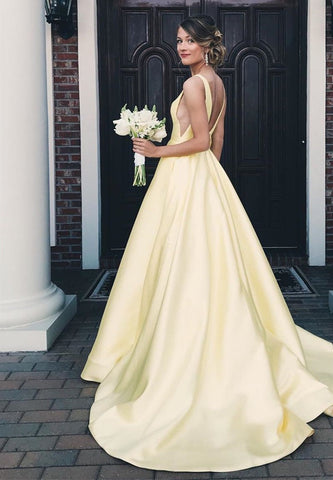 A Line V Neck Satin Long Prom Dress